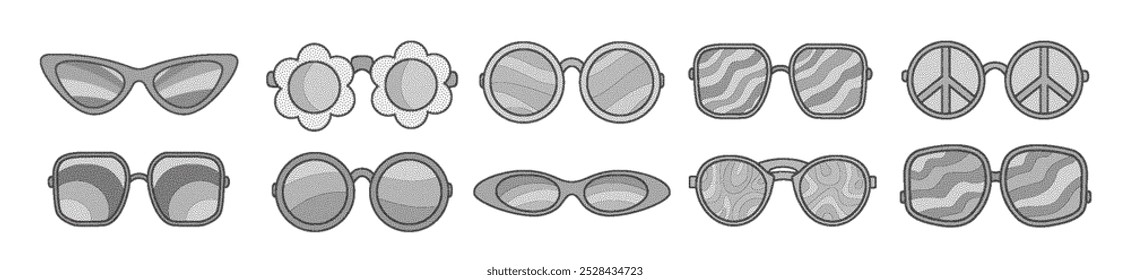  Conjunto de óculos de sol vintage do efeito pontilhado fotocopiadora. Coleção de óculos retro.