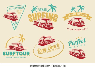 Set of vintage surfing car labels, badges and emblems. Old school car with surfboard. Woodie car vector logo.