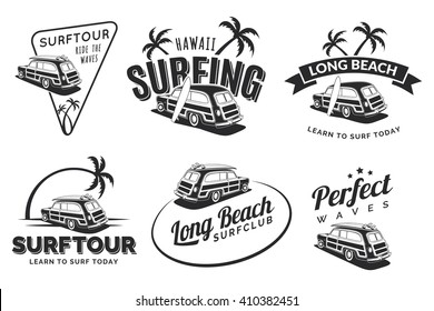 Set of vintage surfing car labels, badges and emblems isolated on white background. Old school car with surfboard. Woodie car vector logo.