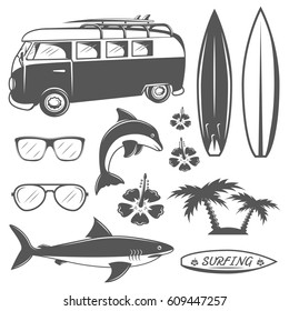 Set of vintage surfing design elements in monochrome style
