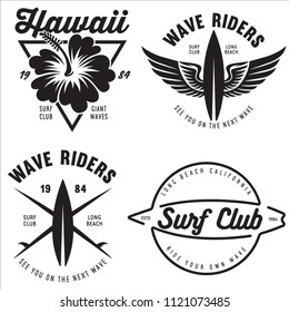 Set of Vintage Surfing Graphics and Emblems for web design or print. Surfer logo templates. Surf Badge. Summer fun. Surfboard elements. Outdoors activity - boarding on waves. Vector hipster insignia.