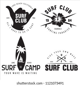 Set of Vintage Surfing Graphics and Emblems for web design or print. Surfer logo templates. Surf Badge. Summer fun. Surfboard elements. Outdoors activity - boarding on waves. Vector hipster insignia.