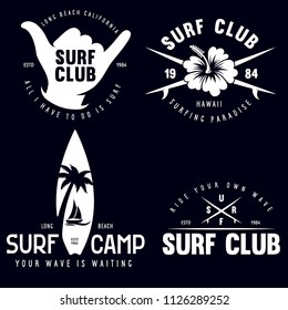 Set of Vintage Surfing Graphics and Emblems for web design or print. Surfer logo templates. Surf Badge. Summer fun. Surfboard elements. Outdoors activity - boarding on waves. Vector hipster insignia.