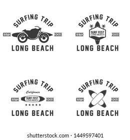 Set of Vintage Surfing Graphics and Emblems for web design or print. Surfer, beach style logo design. Surf Badge