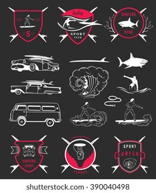 Set of vintage surfing graphics, emblems and badges. Surf collection retro sign and logos. Surf elements and labels.