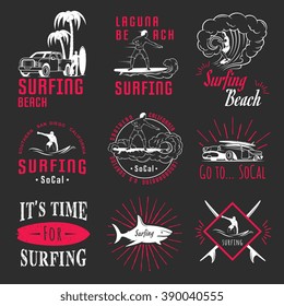 Set of vintage surfing graphics, emblems and badges. Surf collection retro sign and logos. Surf elements and labels.