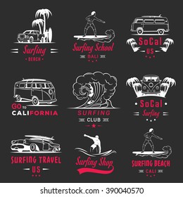 Set of vintage surfing graphics, emblems and badges. Surf collection retro sign and logos. Surf elements and labels.