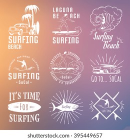 Set of vintage surfing graphics, emblems and badges. Surf collection retro sign and logos. Surf elements and labels.
