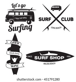Set of Vintage Surfing Graphics and Emblems for web design or print.Beach style logo design. Surf Badge. Surfboard seal, elements, symbols. Summer boarding on waves. Vector hipster insignia.