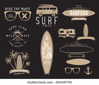 Set of Vintage Surfing Graphics and Emblems for web design or print. Surfer, beach style logo design. Surf Badge. Surfboard seal, elements, symbols. Summer insignias. Vector hipster colors