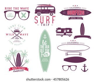 Set of Vintage Surfing Graphics and Emblems for web design or prints. Surfer, beach style logo design. Surf Badge. Surfboard seal, elements, symbols. Summer insignias. Vector hipster pastel colors