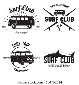 Set of Vintage Surfing Graphics and Emblems for web design or print. Surfer logo templates. Surf Badge. Summer fun. Surfboard elements. Outdoors activity - boarding on waves. Vector hipster insignia.