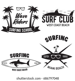 Set of Vintage Surfing Graphics and Emblems for web design or print. Surfer logo templates. Surf Badge. Summer fun. Surfboard elements. Outdoors activity - boarding on waves. Vector hipster insignia.