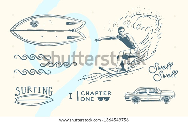 Set of Vintage Surfing Graphics and Emblems\
for surfers slogan typography, t-shirt graphics, vectors, web\
design or print. Surfer logo templates. Surf Badge. Summer fun.\
Surfboard elements. Outdoors\
a