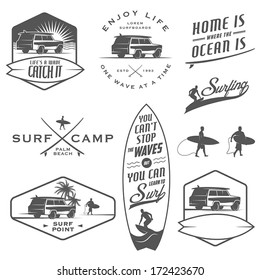 Set of vintage surfing labels, badges and design elements