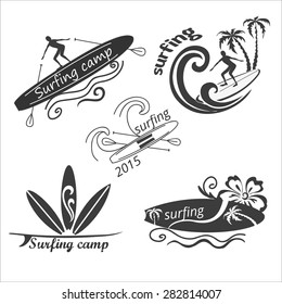 Set of vintage surfing labels, badges and design elements