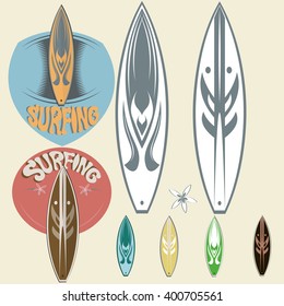 Set of vintage surfing labels, badges and elements