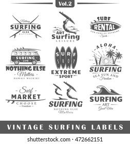 Set of vintage surfing labels. Posters, stamps, banners and design elements. Vector illustration