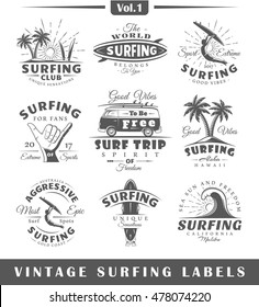 Set of vintage surfing labels. Vol.1.  Posters, stamps, banners and design elements. Vector illustration