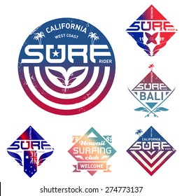 Set of vintage surfing logo with gradients. Vector design for tees or board with palm, waves and surfboards