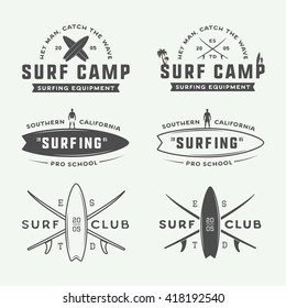 Set of vintage surfing logos, emblems, badges, labels and design elements. Graphic vector Illustration