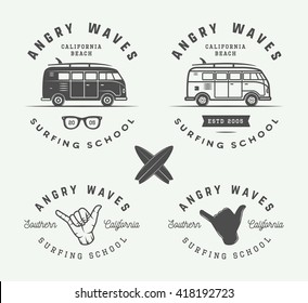 Set of vintage surfing logos, emblems, badges, labels and design elements. Graphic vector Illustration