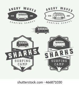 Set of vintage surfing logos, emblems, badges, labels and design elements. Graphic art. Vector Illustration

