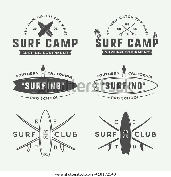 Set of vintage\
surfing logos, emblems, badges, labels and design elements. Graphic\
vector Illustration