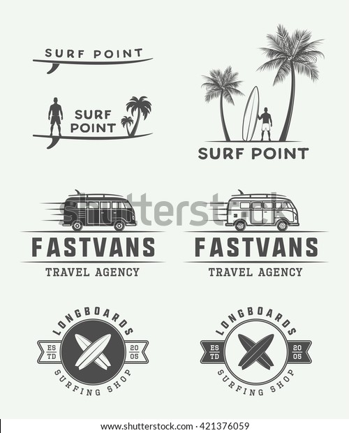 Set of vintage\
surfing logos, emblems, badges, labels and design elements. Graphic\
vector Illustration\

