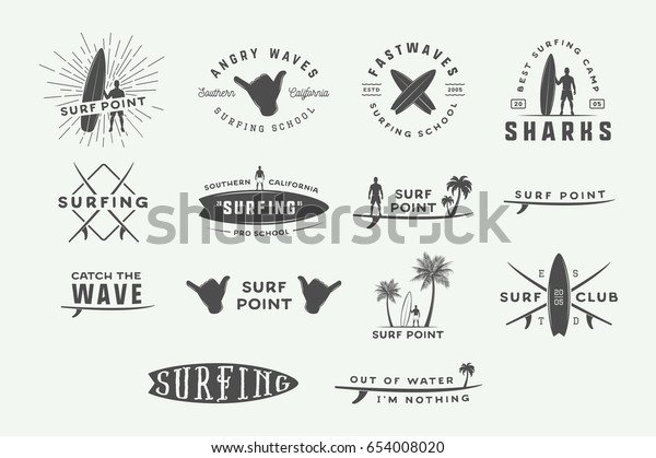 Set of vintage\
surfing logos, emblems, badges, labels and design elements. Graphic\
vector Illustration\
\
