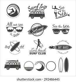 Set of vintage surfing logos, labels, badges and design elements.