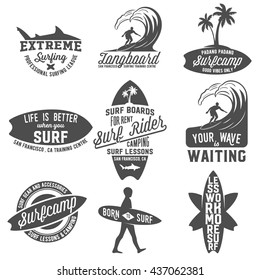 Set of vintage surfing logotypes, badges, quotes and emblems. Surfer, beach style logo design. Surf Badge. Surfboard seal, elements, symbols. Summer boarding on waves. 
