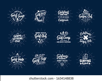 Set of vintage Surfing. Retro emblems, badges, logos, phrases, slogans, stamps. Surf club, school labels and stickers. Hand drawn lettering with rays. Vector illustration