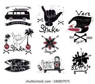 Set of vintage surfing and skateboarding. Labels, badges and design elements.