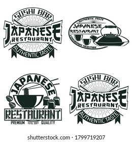 Set of Vintage sushi bar logo designs,  grange print stamps, creative Japanese food typography emblems, Vector