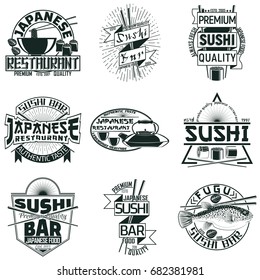 Set of Vintage sushi bar logo designs,  grange print stamps, creative Japanese food typography emblems, Vector