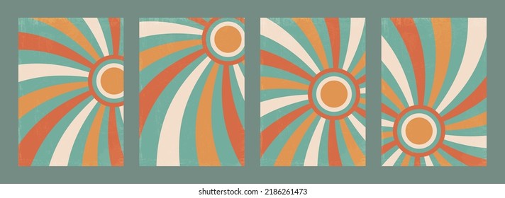 Conjunto de fondo de ráfaga de vintage con textura gruesa en el estilo de los años 70. Plantilla retro Groovy para portada o banner. Ilustración vectorial en colores retro.