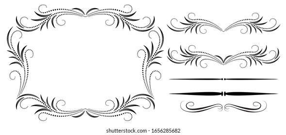 Set vintage symmetric ornament, frame and decorative divider for greeting card, invitation postcard or congratulation text