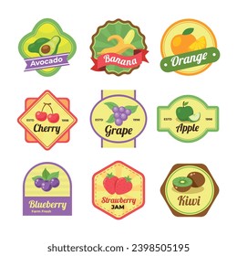 Set of Vintage Syrup Label Collection, pack of fruit juice badge jam stamp. avocado, banana, orange, cherry, grape, apple, blueberry, strawberry and kiwi juice, made fresh and sweet. Illustration