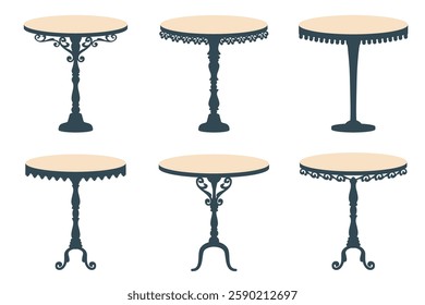 Set of Vintage table isolated on white background. Antique classic table with carved wooden elements. Vintage icon. Luxury Old historical furniture in Victorian style. Retro antique interior. Vector