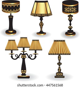 Set of Vintage Table lamp with luxury ornaments Golden Black. Vector