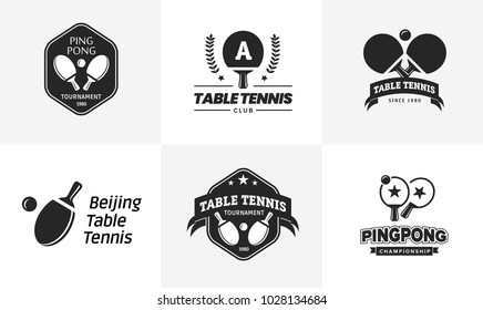 Set of vintage table tennis logos and badges. Collection of the ping pong championship labels.