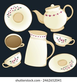 set of vintage tableware, clipart for illustrations, cups and plates for design