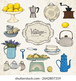 Set of vintage tableware, teapot, cups, scales, lemons, coffee maker, coffee grinder and flowers in Provence style on a light textured background.