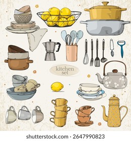 Set of vintage tableware, teapot, cups, pots, lemons and a Provence-style coffee maker on a light textured background.