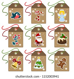 A set of vintage tags for design with illustrations, Santa Claus, a bird, a branch with berries, an angel, a candy, sweets, a Christmas tree, ginger biscuits, bell and cupcake.