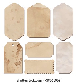 Set Of Vintage Tags From Old Paper, Different Shapes Cutout, With Spilled Coffee Stain, Brown And Beige Color, Crumpled Old Aged Paper, Retro Labels For Special Design. 