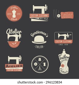 Set of vintage tailor labels, emblems and design elements. Retro Tailor shop. 