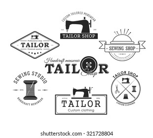 Set of vintage tailor labels, emblems and designed elements. Tailor shop theme 