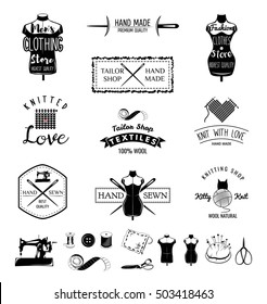 Set of vintage tailor labels, emblems and designed elements. Tailor shop theme. Isolated